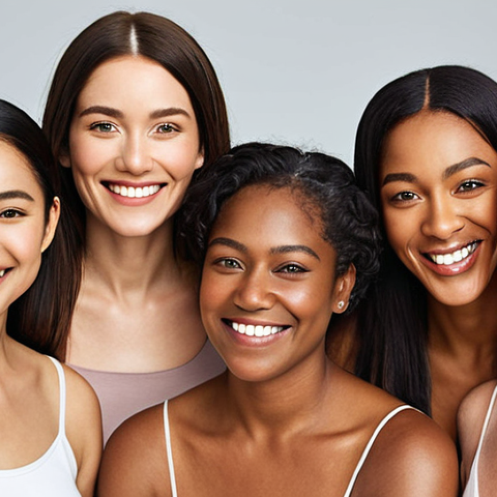** A diverse group of women of various ages and skin tones, smiling and confidently displaying healthy, glowing skin. Emphasize natural light and a clean, minimalist background. The image should convey the message of healthy skin for everyone, achieved through consistent skincare.

**