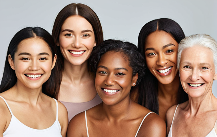 ** A diverse group of women of various ages and skin tones, smiling and confidently displaying healthy, glowing skin. Emphasize natural light and a clean, minimalist background. The image should convey the message of healthy skin for everyone, achieved through consistent skincare.

**
