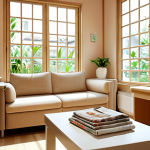 **Prompt:** "Inviting and peaceful skin care clinic interior. Soft lighting, comfortable furniture, reception area with magazines, tea.  Small garden visible through a window. Focus on relaxation and cleanliness."