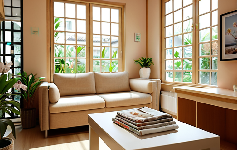 **Prompt:** "Inviting and peaceful skin care clinic interior. Soft lighting, comfortable furniture, reception area with magazines, tea.  Small garden visible through a window. Focus on relaxation and cleanliness."
