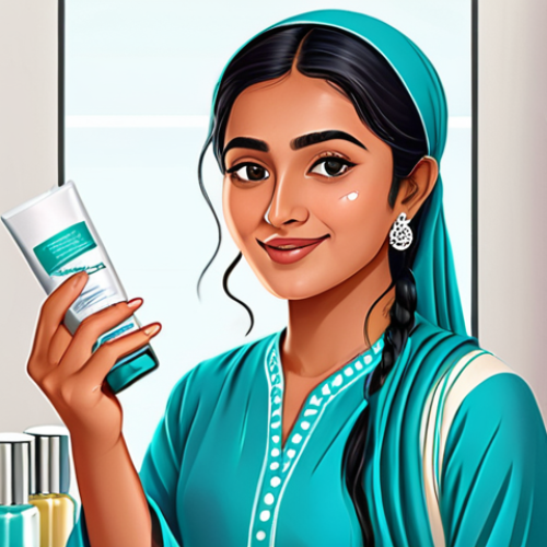 Skincare Routine Illustration**

"A beautifully illustrated image depicting a young South Asian woman with radiant skin, fully clothed in a modest shalwar kameez, performing her daily skincare routine. She is applying a moisturizer in a brightly lit bathroom setting. The illustration should showcase various skincare products like cleanser, toner, and sunscreen in an organized manner. Perfect anatomy, natural proportions, professional illustration, high quality, safe for work, appropriate content, fully clothed, professional, family-friendly."

**