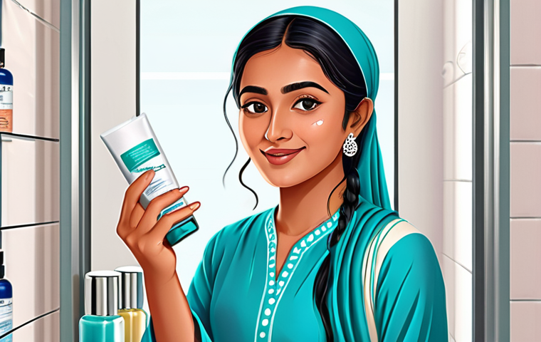 Skincare Routine Illustration**

"A beautifully illustrated image depicting a young South Asian woman with radiant skin, fully clothed in a modest shalwar kameez, performing her daily skincare routine. She is applying a moisturizer in a brightly lit bathroom setting. The illustration should showcase various skincare products like cleanser, toner, and sunscreen in an organized manner. Perfect anatomy, natural proportions, professional illustration, high quality, safe for work, appropriate content, fully clothed, professional, family-friendly."

**