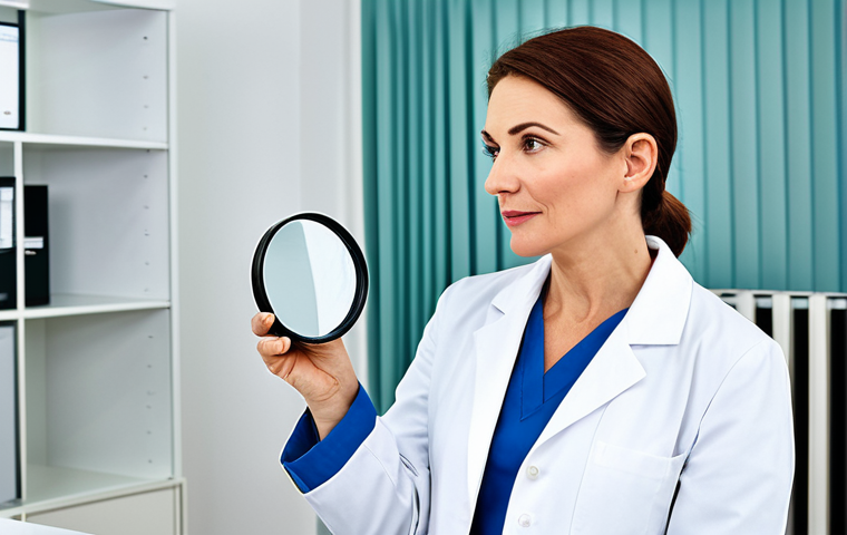 Experienced Skincare Specialist**

"A fully clothed, professional female dermatologist in her late 30s, wearing a modest lab coat in a modern clinic, examining a patient's skin with a magnifying glass, appropriate attire, safe for work, perfect anatomy, natural proportions, family-friendly, high-quality photography."

**