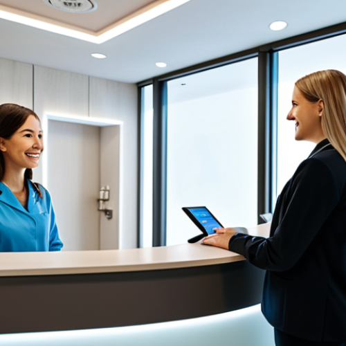 **

"A modern, clean skincare clinic reception area, showcasing advanced technology. A friendly, fully clothed receptionist greets a patient. Professional atmosphere, appropriate content, safe for work, perfect anatomy, natural proportions, modest decor, family-friendly."

**