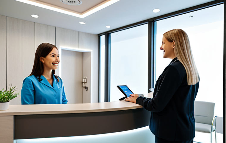 **

"A modern, clean skincare clinic reception area, showcasing advanced technology. A friendly, fully clothed receptionist greets a patient. Professional atmosphere, appropriate content, safe for work, perfect anatomy, natural proportions, modest decor, family-friendly."

**