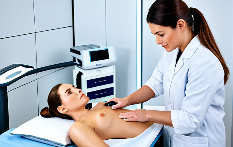 "A female dermatologist in a modern, well-lit clinic, demonstrating a laser treatment on a patient's arm, fully clothed, appropriate attire, safe for work, perfect anatomy, correct proportions, professional environment, showcasing advanced skincare technology."